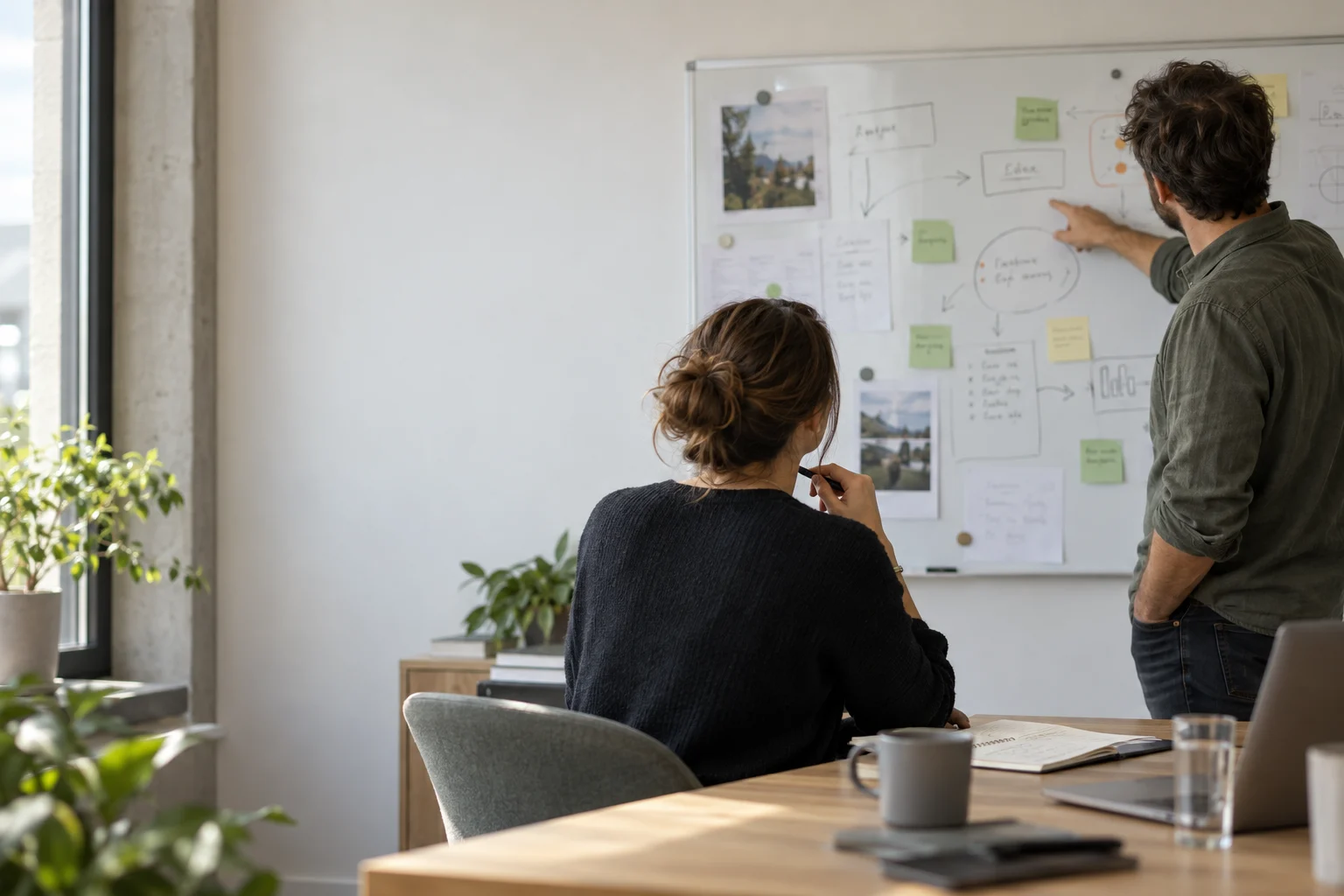 Twee professionals bespreken de planning bij een whiteboard in een rustige projectruimte.