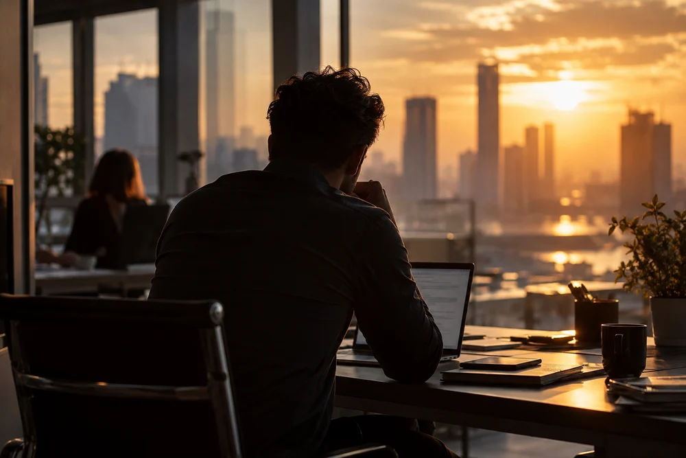 Een anonieme professional in een stil moment aan een bureau.