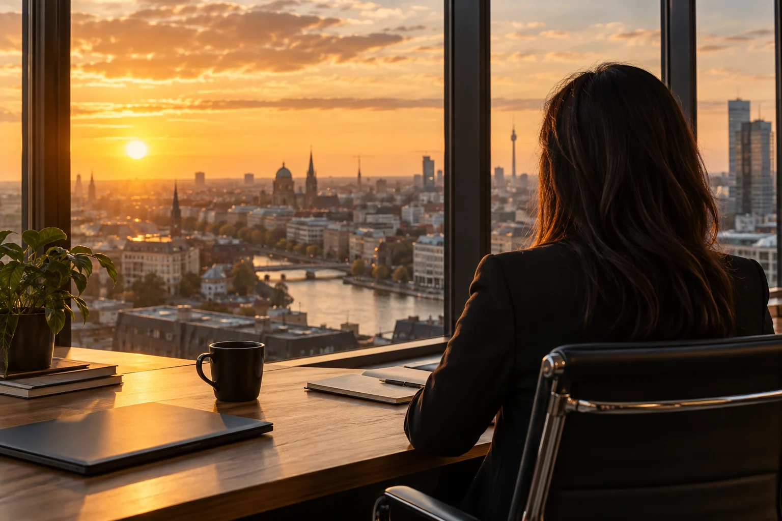 Een professional van achteren aan een bureau, uitkijkend over de stad in warm avondlicht.