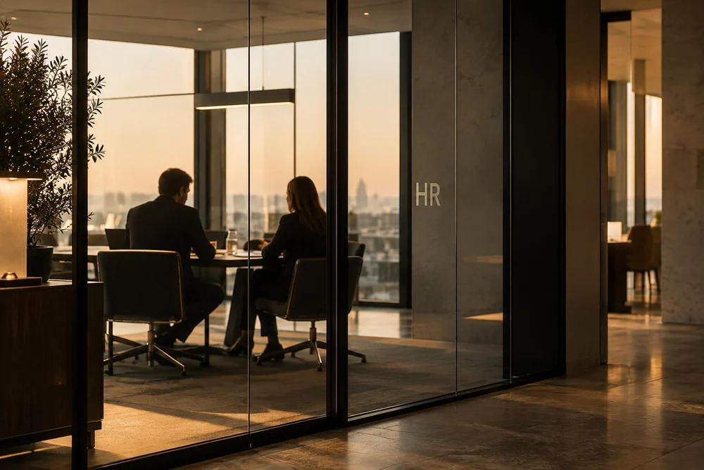 Silhouetten van professionals achter de glazen wand van een HR-vergaderruimte.