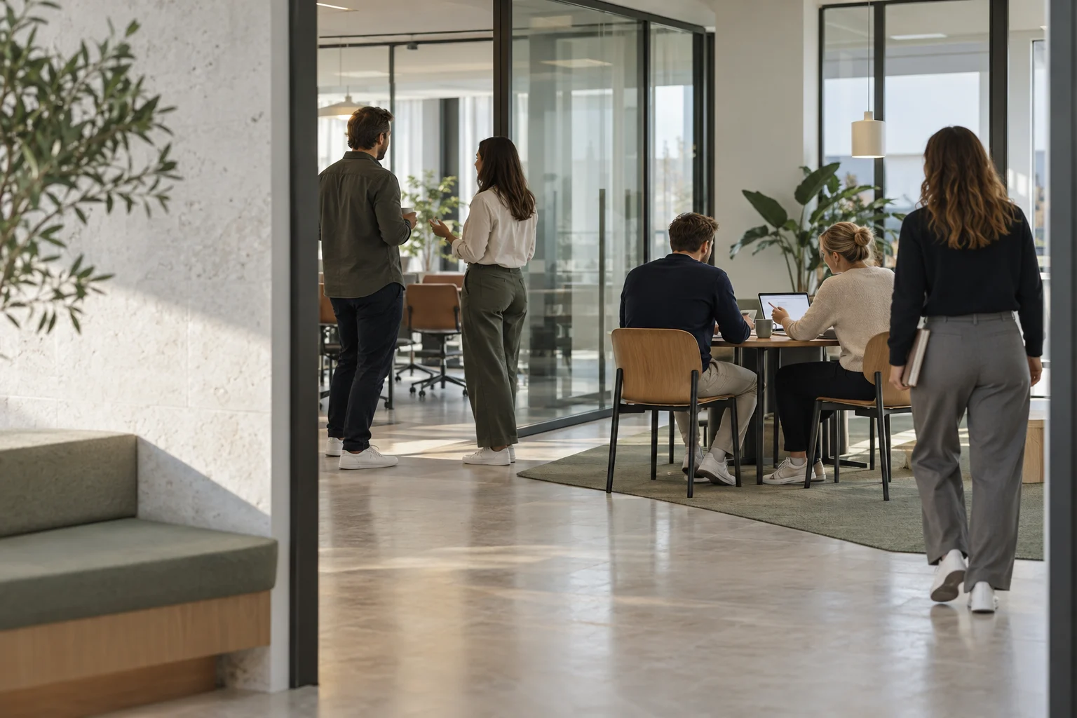 Collega's stemmen in kleine groepen af in een lichte kantoorruimte naast vergaderkamers.
