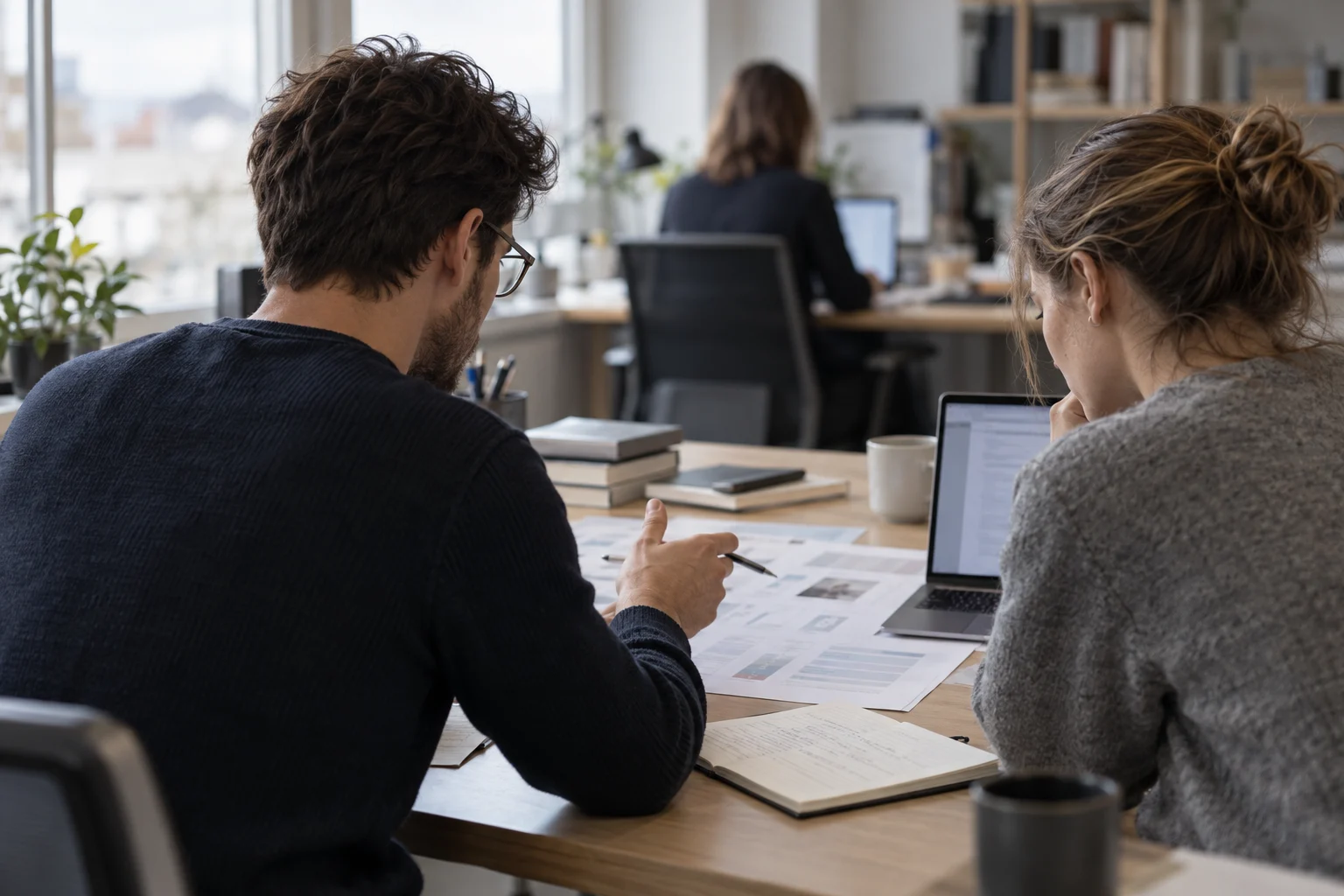 Twee anonieme collega's bespreken projectdocumenten en een laptop aan een bureau.