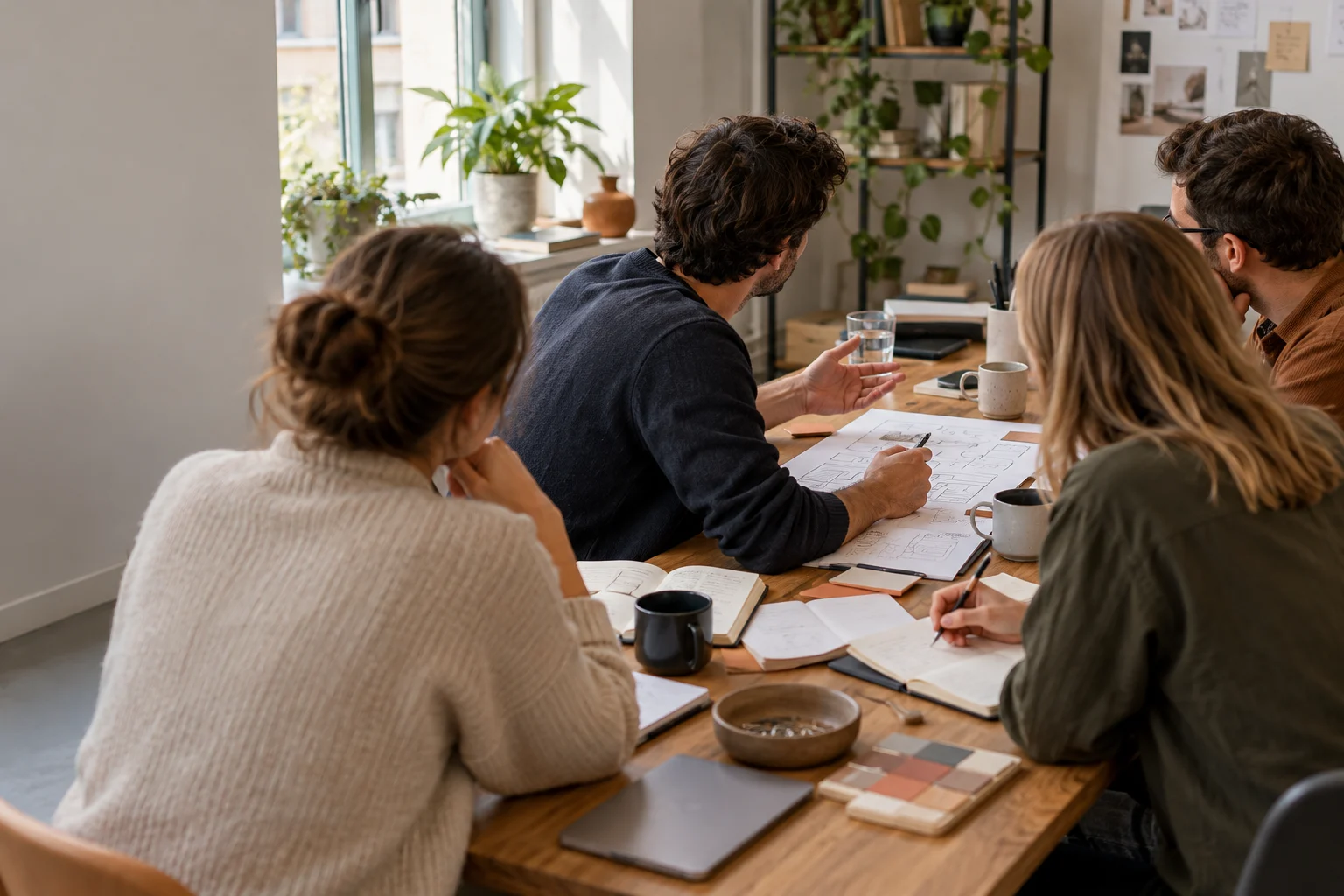 Een collega brengt een idee in tijdens een brainstorm met vier anonieme professionals.